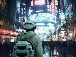 man in futuristic clothes enjoys a leisurely stroll through a city streets AI Generative photo