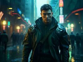 man in futuristic clothes enjoys a leisurely stroll through a city streets AI Generative photo