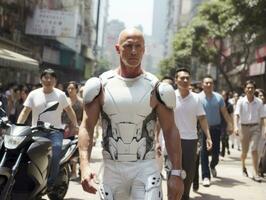 man in futuristic clothes enjoys a leisurely stroll through a city streets AI Generative photo