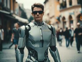 hombre en futurista ropa disfruta un sin prisa paseo mediante un ciudad calles ai generativo foto