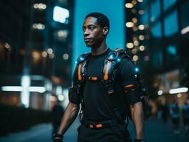 man in futuristic clothes enjoys a leisurely stroll through a city streets AI Generative photo