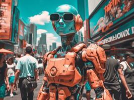 man in futuristic clothes enjoys a leisurely stroll through a city streets AI Generative photo