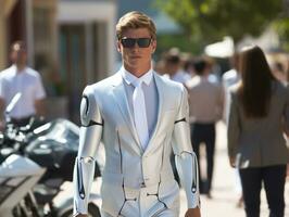 hombre en futurista ropa disfruta un sin prisa paseo mediante un ciudad calles ai generativo foto