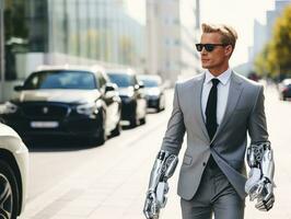 man in futuristic clothes enjoys a leisurely stroll through a city streets AI Generative photo