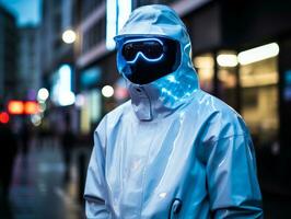 man in futuristic clothes enjoys a leisurely stroll through a city streets AI Generative photo