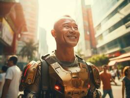 man in futuristic clothes enjoys a leisurely stroll through a city streets AI Generative photo
