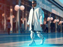 man in futuristic clothes enjoys a leisurely stroll through a city streets AI Generative photo