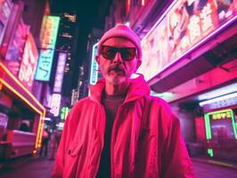 Man in future proof clothes enjoys a leisurely stroll through a neon lit city streets AI Generative photo