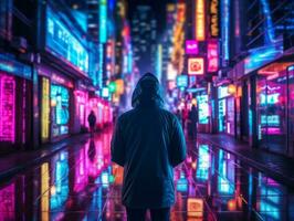 Man in future proof clothes enjoys a leisurely stroll through a neon lit city streets AI Generative photo