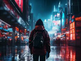 Man in future proof clothes enjoys a leisurely stroll through a neon lit city streets AI Generative photo