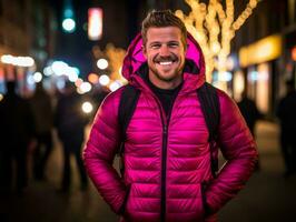 Man in future proof clothes enjoys a leisurely stroll through a neon lit city streets AI Generative photo