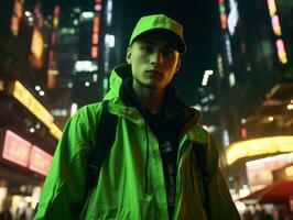 Man in future proof clothes enjoys a leisurely stroll through a neon lit city streets AI Generative photo