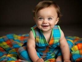 adorable bebé con vibrante ropa en un juguetón actitud ai generativo foto