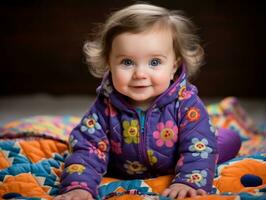 Adorable baby with vibrant clothing in a playful pose AI Generative photo