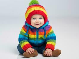 Adorable baby with vibrant clothing in a playful pose AI Generative photo