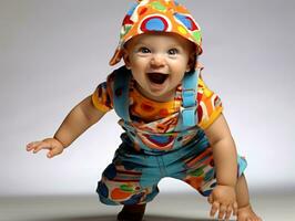 Adorable baby with vibrant clothing in a playful pose AI Generative photo