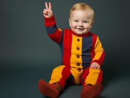 adorable bebé con vibrante ropa en un juguetón actitud ai generativo foto