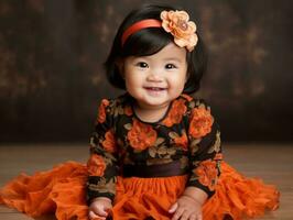 Adorable baby with vibrant clothing in a playful pose AI Generative photo