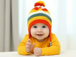 Adorable baby with vibrant clothing in a playful pose AI Generative photo