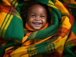 Adorable baby with vibrant clothing in a playful pose AI Generative photo