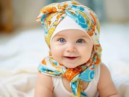 Adorable baby with vibrant clothing in a playful pose AI Generative photo