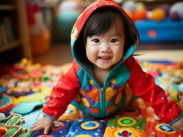 Adorable baby with vibrant clothing in a playful pose AI Generative photo