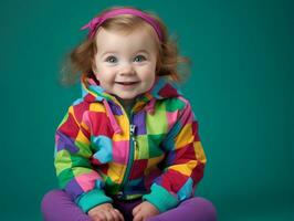 Adorable baby with vibrant clothing in a playful pose AI Generative photo