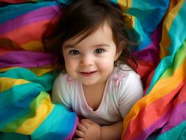 Adorable baby with vibrant clothing in a playful pose AI Generative photo