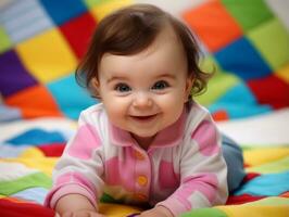 Adorable baby with vibrant clothing in a playful pose AI Generative photo