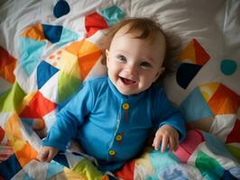 Adorable baby with vibrant clothing in a playful pose AI Generative photo