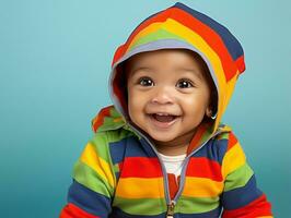 Adorable baby with vibrant clothing in a playful pose AI Generative photo