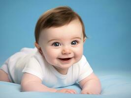 adorable bebé con vibrante ropa en un juguetón actitud ai generativo foto