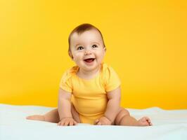 adorable bebé con vibrante ropa en un juguetón actitud ai generativo foto