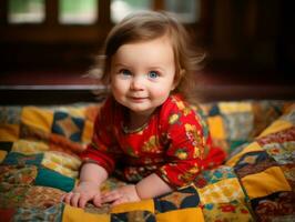 Adorable baby with vibrant clothing in a playful pose AI Generative photo