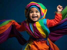 adorable bebé con vibrante ropa en un juguetón actitud ai generativo foto