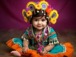 Adorable baby with vibrant clothing in a playful pose AI Generative photo