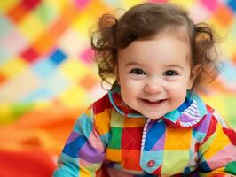 adorable bebé con vibrante ropa en un juguetón actitud ai generativo foto