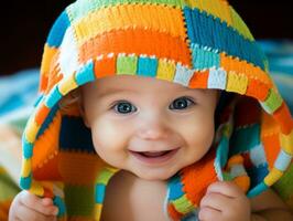 Adorable baby with vibrant clothing in a playful pose AI Generative photo