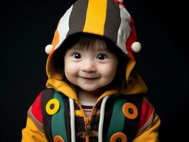 Adorable baby with vibrant clothing in a playful pose AI Generative photo