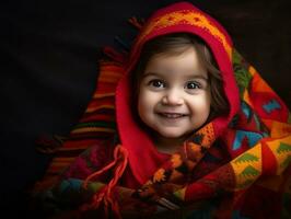 Adorable baby with vibrant clothing in a playful pose AI Generative photo