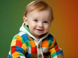 Adorable baby with vibrant clothing in a playful pose AI Generative photo