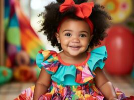 Adorable baby with vibrant clothing in a playful pose AI Generative photo