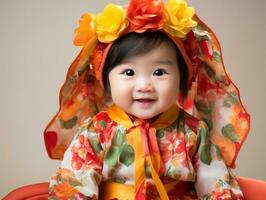 Adorable baby with vibrant clothing in a playful pose AI Generative photo