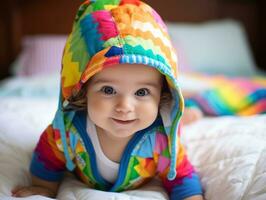 Adorable baby with vibrant clothing in a playful pose AI Generative photo