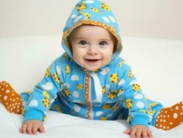 Adorable baby with vibrant clothing in a playful pose AI Generative photo