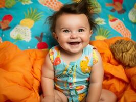 adorable bebé con vibrante ropa en un juguetón actitud ai generativo foto