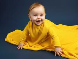 adorable bebé con vibrante ropa en un juguetón actitud ai generativo foto