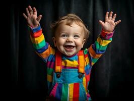 adorable bebé con vibrante ropa en un juguetón actitud ai generativo foto