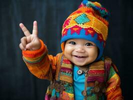 adorable bebé con vibrante ropa en un juguetón actitud ai generativo foto