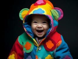 Adorable baby with vibrant clothing in a playful pose AI Generative photo